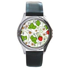 Strawberry Fruit Leaf Flower Floral Star Green Red White Round Metal Watch by Mariart