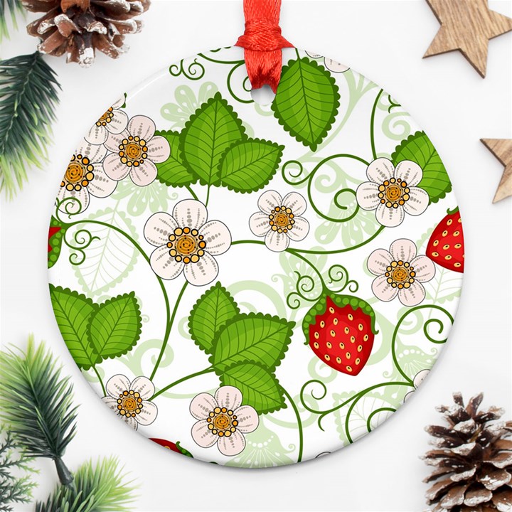 Strawberry Fruit Leaf Flower Floral Star Green Red White Ornament (Round)