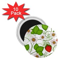 Strawberry Fruit Leaf Flower Floral Star Green Red White 1 75  Magnets (10 Pack)  by Mariart