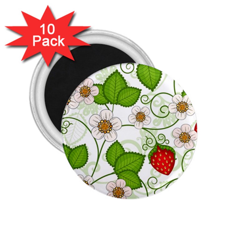 Strawberry Fruit Leaf Flower Floral Star Green Red White 2.25  Magnets (10 pack) 