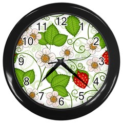 Strawberry Fruit Leaf Flower Floral Star Green Red White Wall Clocks (black) by Mariart