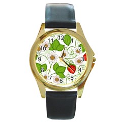 Strawberry Fruit Leaf Flower Floral Star Green Red White Round Gold Metal Watch