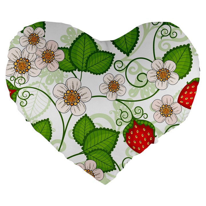 Strawberry Fruit Leaf Flower Floral Star Green Red White Large 19  Premium Flano Heart Shape Cushions