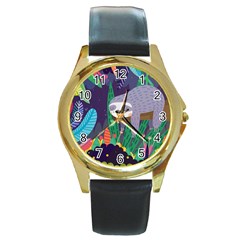 Sloth In Nature Round Gold Metal Watch by Mjdaluz