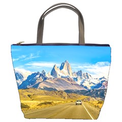 Snowy Andes Mountains, El Chalten, Argentina Bucket Bags by dflcprints