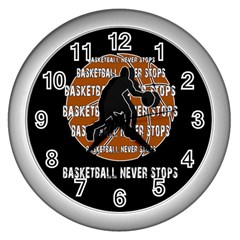 Basketball Never Stops Wall Clocks (silver)  by Valentinaart