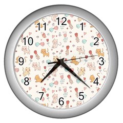 Kittens And Birds And Floral  Patterns Wall Clocks (silver)  by TastefulDesigns