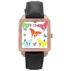 Beautiful Colorful Polka Dot Butterflies Clipart Rose Gold Leather Watch 