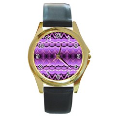 Purple Pink Zig Zag Pattern Round Gold Metal Watch