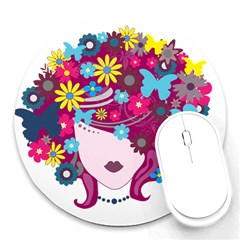 Beautiful Gothic Woman With Flowers And Butterflies Hair Clipart Round Mousepads