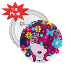 Beautiful Gothic Woman With Flowers And Butterflies Hair Clipart 2.25  Buttons (100 pack) 