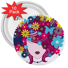 Beautiful Gothic Woman With Flowers And Butterflies Hair Clipart 3  Buttons (10 pack) 