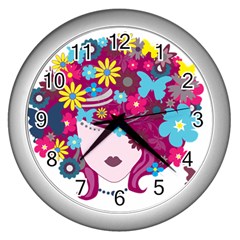 Beautiful Gothic Woman With Flowers And Butterflies Hair Clipart Wall Clocks (Silver) 