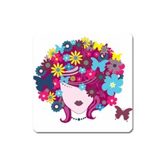 Beautiful Gothic Woman With Flowers And Butterflies Hair Clipart Square Magnet