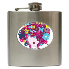 Beautiful Gothic Woman With Flowers And Butterflies Hair Clipart Hip Flask (6 oz)