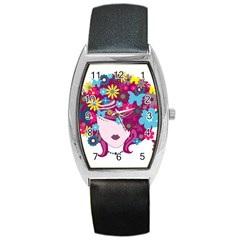 Beautiful Gothic Woman With Flowers And Butterflies Hair Clipart Barrel Style Metal Watch