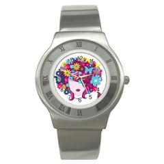 Beautiful Gothic Woman With Flowers And Butterflies Hair Clipart Stainless Steel Watch