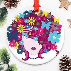 Beautiful Gothic Woman With Flowers And Butterflies Hair Clipart Round Ornament (Two Sides)