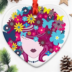 Beautiful Gothic Woman With Flowers And Butterflies Hair Clipart Heart Ornament (Two Sides)