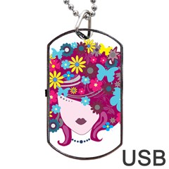 Beautiful Gothic Woman With Flowers And Butterflies Hair Clipart Dog Tag USB Flash (Two Sides)