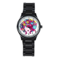 Beautiful Gothic Woman With Flowers And Butterflies Hair Clipart Stainless Steel Round Watch