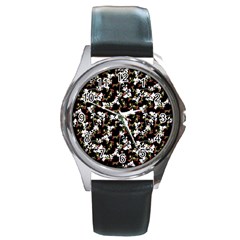 Dark Chinoiserie Floral Collage Pattern Round Metal Watch by dflcprints