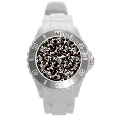 Dark Chinoiserie Floral Collage Pattern Round Plastic Sport Watch (l) by dflcprints