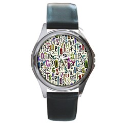 Colorful Retro Style Letters Numbers Stars Round Metal Watch by EDDArt