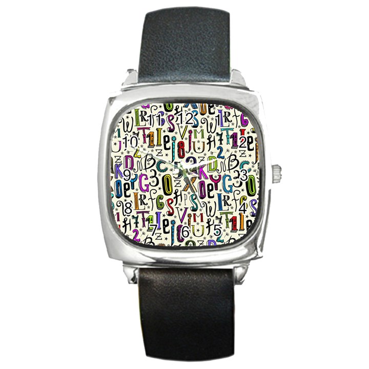 Colorful Retro Style Letters Numbers Stars Square Metal Watch