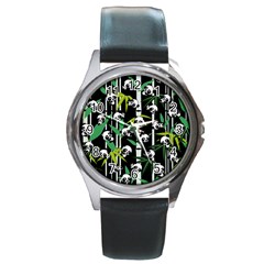 Satisfied And Happy Panda Babies On Bamboo Round Metal Watch by EDDArt