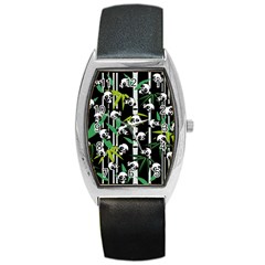 Satisfied And Happy Panda Babies On Bamboo Barrel Style Metal Watch by EDDArt