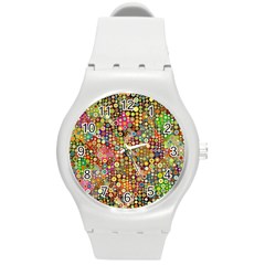 Multicolored Retro Spots Polka Dots Pattern Round Plastic Sport Watch (m) by EDDArt