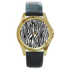 Zebra Stripes Pattern Traditional Colors Black White Round Gold Metal Watch by EDDArt