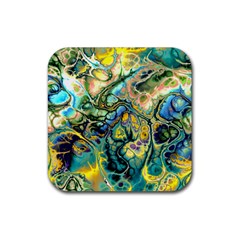 Flower Power Fractal Batik Teal Yellow Blue Salmon Rubber Coaster (square)  by EDDArt