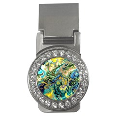 Flower Power Fractal Batik Teal Yellow Blue Salmon Money Clips (cz)  by EDDArt