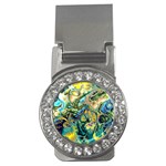 Flower Power Fractal Batik Teal Yellow Blue Salmon Money Clips (CZ)  Front