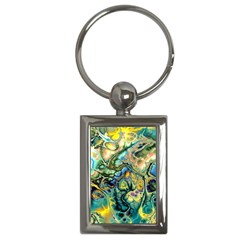 Flower Power Fractal Batik Teal Yellow Blue Salmon Key Chains (rectangle)  by EDDArt