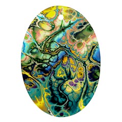 Flower Power Fractal Batik Teal Yellow Blue Salmon Oval Ornament (two Sides) by EDDArt