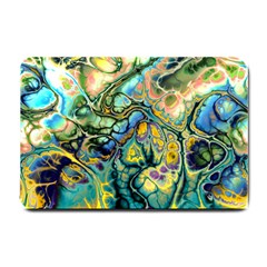 Flower Power Fractal Batik Teal Yellow Blue Salmon Small Doormat  by EDDArt