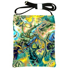 Flower Power Fractal Batik Teal Yellow Blue Salmon Shoulder Sling Bags by EDDArt