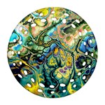 Flower Power Fractal Batik Teal Yellow Blue Salmon Ornament (Round Filigree) Front