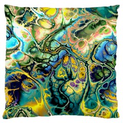 Flower Power Fractal Batik Teal Yellow Blue Salmon Large Cushion Case (two Sides) by EDDArt