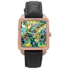 Flower Power Fractal Batik Teal Yellow Blue Salmon Rose Gold Leather Watch  by EDDArt