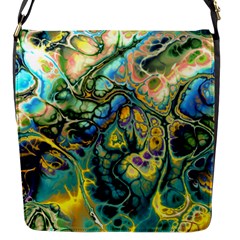 Flower Power Fractal Batik Teal Yellow Blue Salmon Flap Messenger Bag (s) by EDDArt