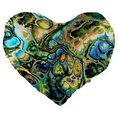 Flower Power Fractal Batik Teal Yellow Blue Salmon Large 19  Premium Flano Heart Shape Cushions by EDDArt