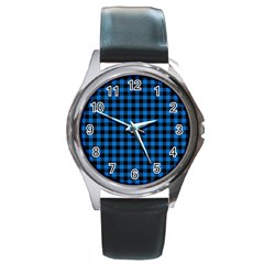 Lumberjack Fabric Pattern Blue Black Round Metal Watch by EDDArt