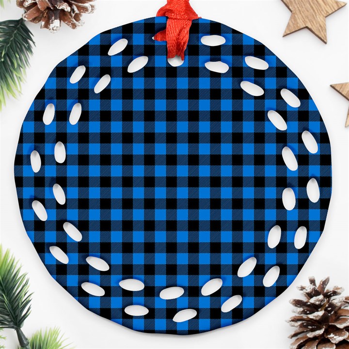 Lumberjack Fabric Pattern Blue Black Ornament (Round Filigree)