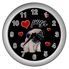 Love Pugs Wall Clocks (silver)  by Valentinaart