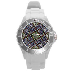 Colorful Floral Collage Pattern Round Plastic Sport Watch (l) by dflcprints