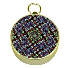 Colorful Floral Collage Pattern Gold Compasses